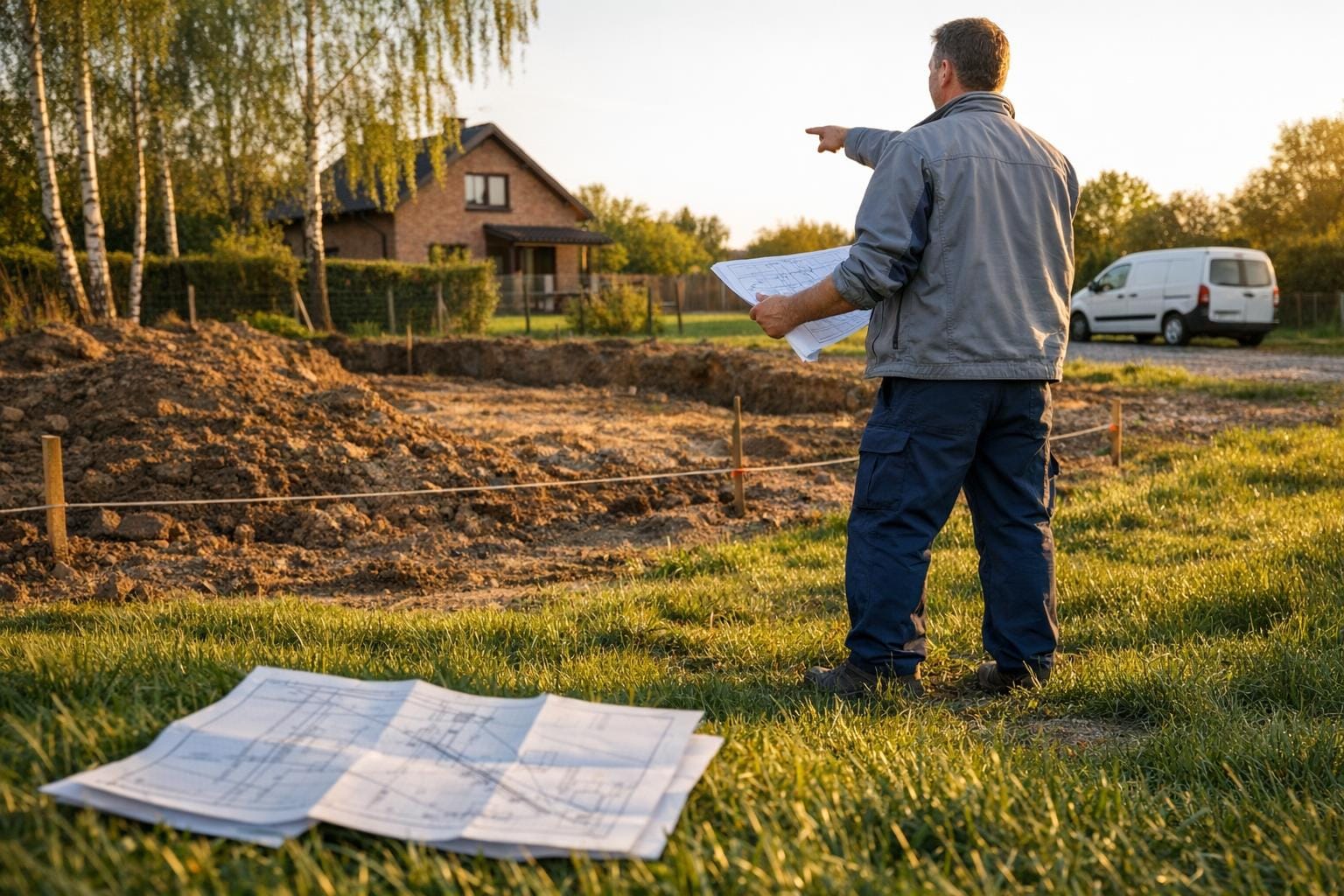 Dokumenty z projektem przyłącza i wnioskiem o pozwolenie na budowę na biurku w Krakowie