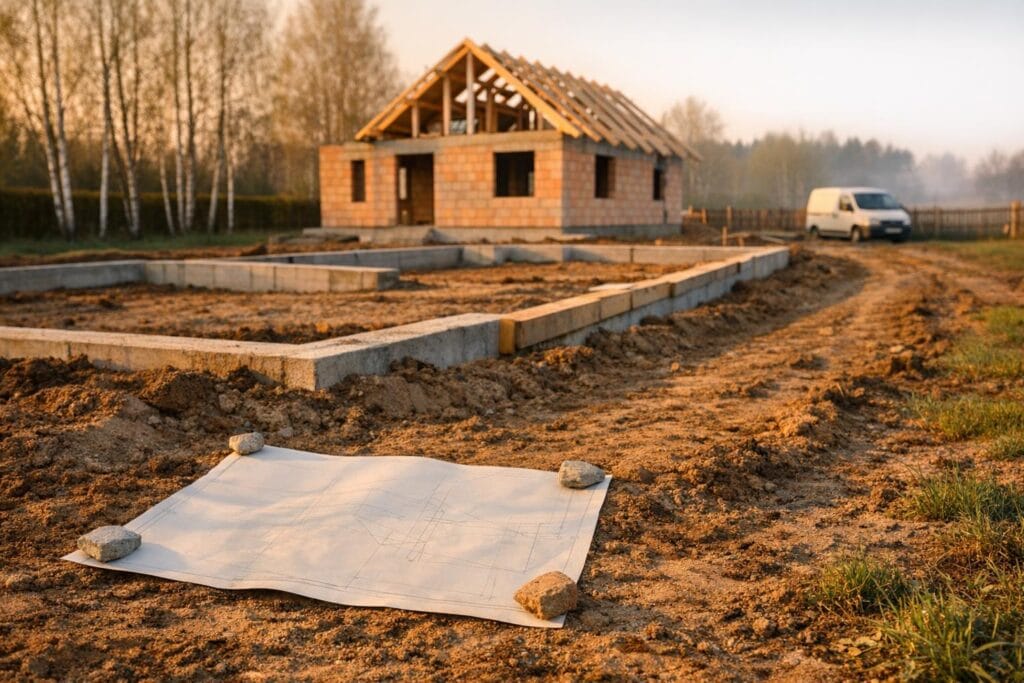 Projekt wod-kan domu jednorodzinnego – rzut instalacji sanitarnej na desce kreślarskiej w Krakowie