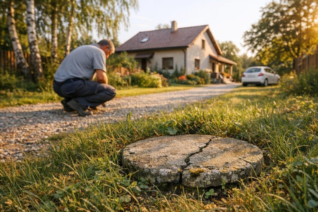 Stare przyłącze wod-kan przy budynku w Krakowie – rury i studzienka rewizyjne w gruncie