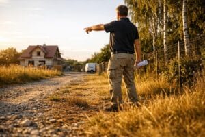 Inwestor na działce pod Krakowem wskazuje granicę działki – projekt przyłącza wody i zabudowy wodomierza