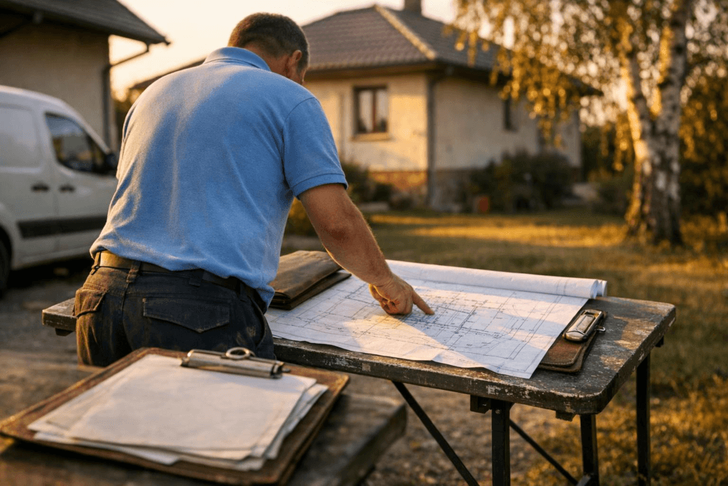 Pracownik przy stoliku z planem sieci wod-kan – formalności i pozwolenia przy przyłączu, gmina Wieliczka