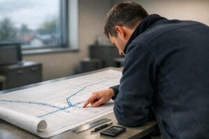 Dokumenty projektu przyłącza wodociągowego na biurku projektanta w Krakowie