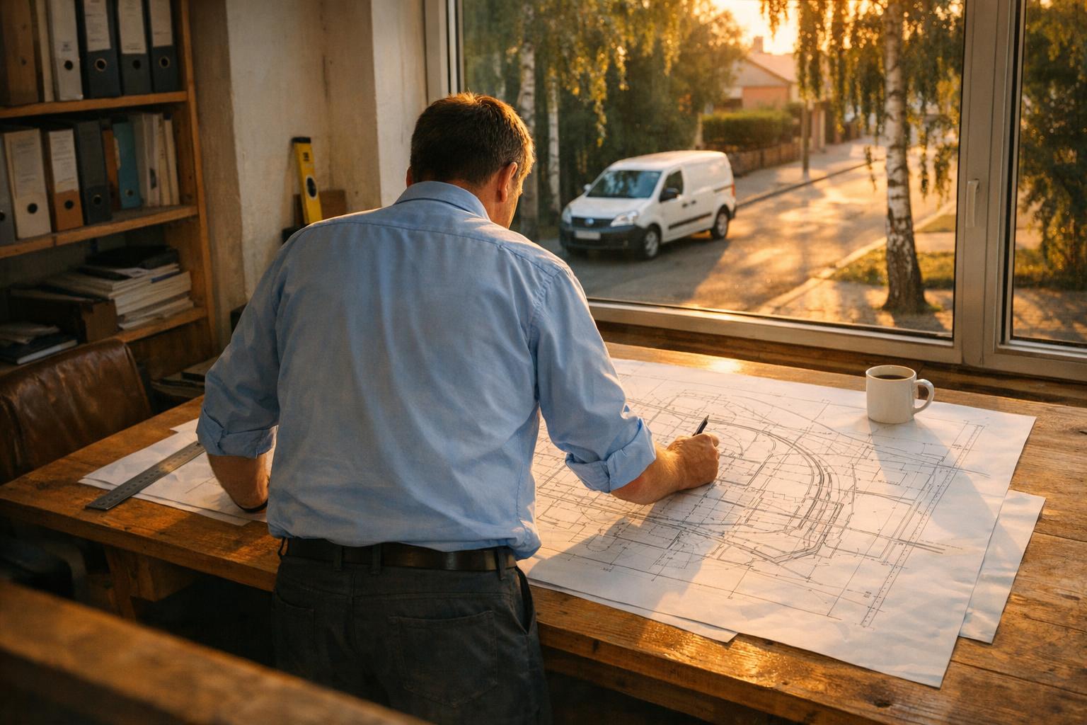 Projektant wod-kan przy stole kreślarskim z rozłożonymi planami instalacji – wieczór w biurze projektowym