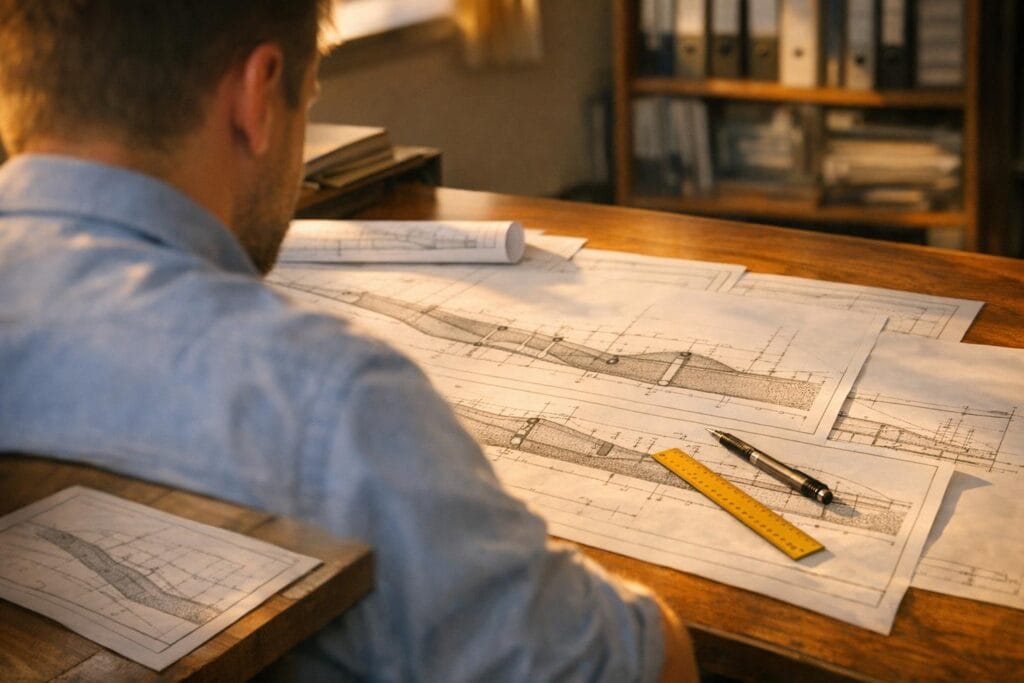 Projektant przy biurku w krakowskim biurze studiuje rozłożone plany sieci kanalizacji sanitarnej