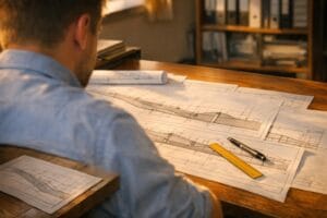 Projektant przy biurku w krakowskim biurze studiuje rozłożone plany sieci kanalizacji sanitarnej