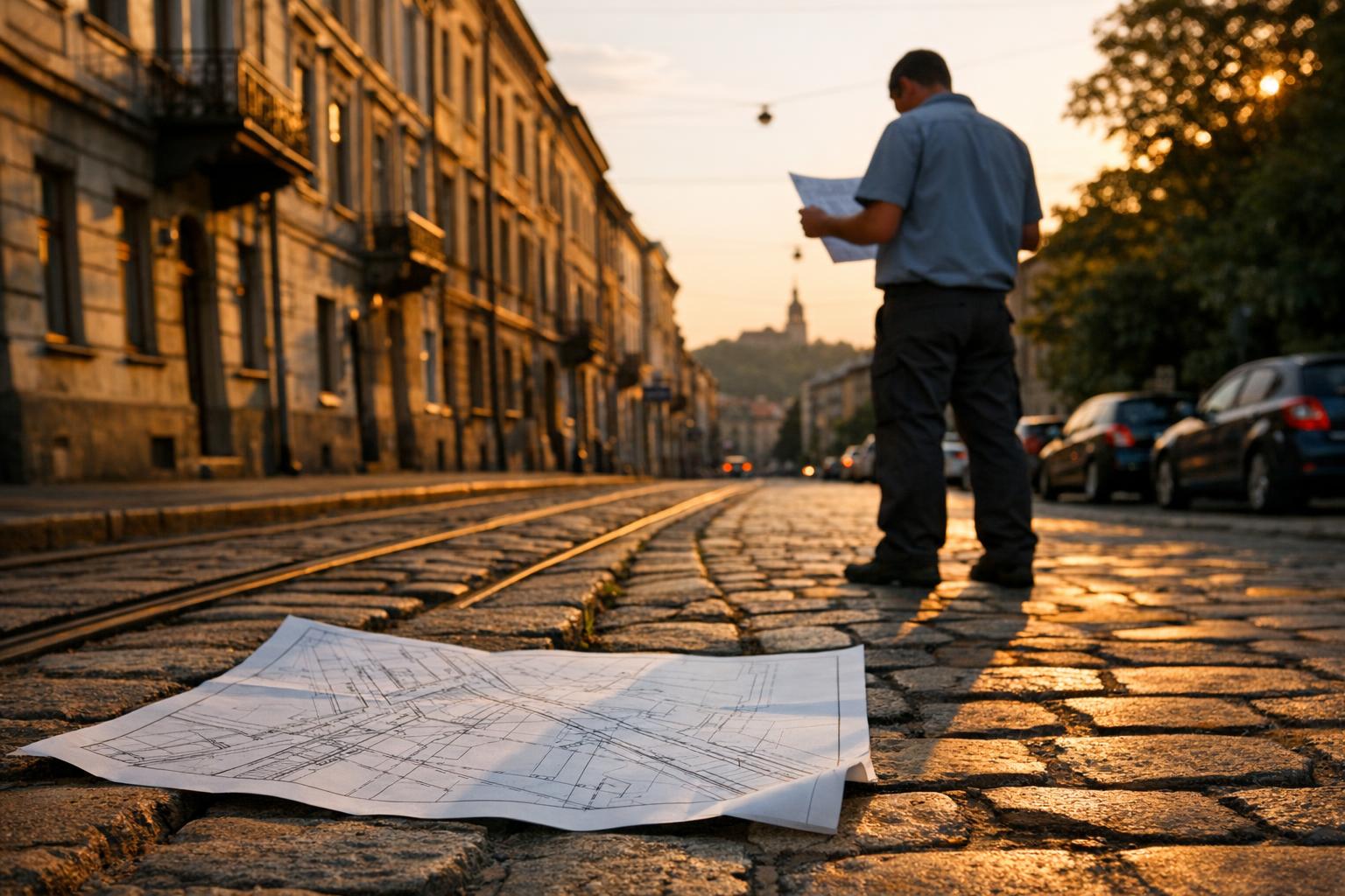 Projektant z planem sieci wod-kan na bruku krakowskiej ulicy wieczorem, kamienice w tle