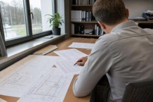 Dokumenty z wyceną projektu wod-kan rozłożone na biurku w biurze projektowym w Krakowie