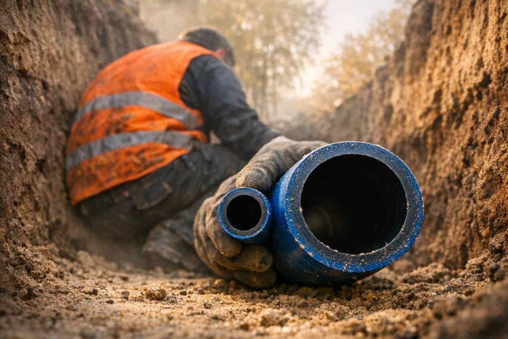 Pracownik w wykopie porównuje rury PE 32mm i 63mm – jak dobrać średnicę przyłącza wodociągowego, gmina Wieliczka