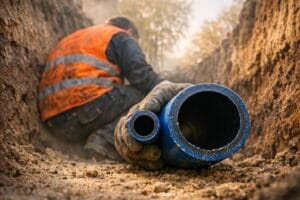 Pracownik w wykopie porównuje rury PE 32mm i 63mm – jak dobrać średnicę przyłącza wodociągowego, gmina Wieliczka