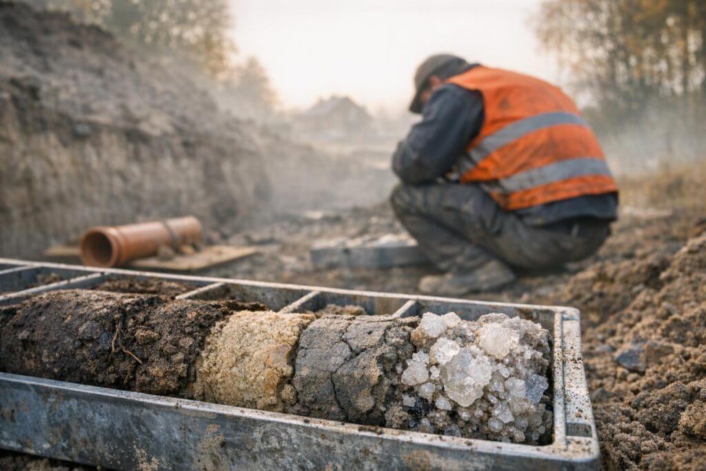 Geotechnik analizuje rdzeń wiertniczy przy wykopie w gminie Wieliczka – warunki gruntowe wod-kan warstwy gliny i soli
