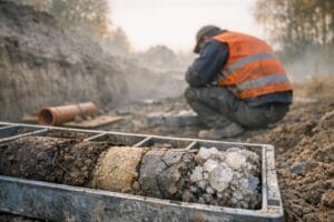 Geotechnik analizuje rdzeń wiertniczy przy wykopie w gminie Wieliczka – warunki gruntowe wod-kan warstwy gliny i soli