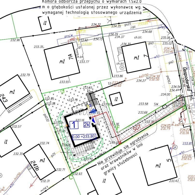 Fragment projektu zagospodarowania terenu: przyłącza wody i kanalizacji, ul. Gospodarska, Krowodrza, 2024