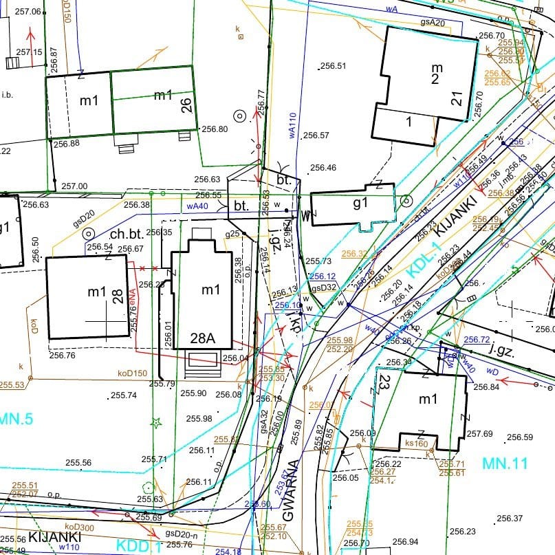 Fragment projektu zagospodarowania terenu: przyłącza wody i kanalizacji, ul. Gwarna, Podgórze, 2021