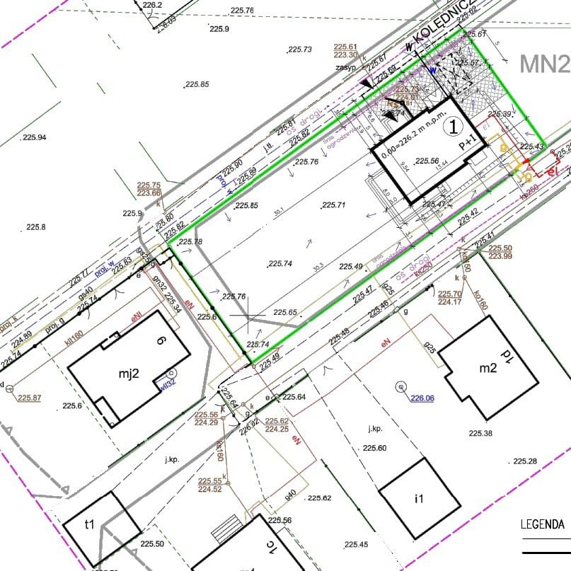 Fragment projektu zagospodarowania terenu: przyłącze kanalizacji sanitarnej, ul. Kolędnicza, Nowa Huta, 2021