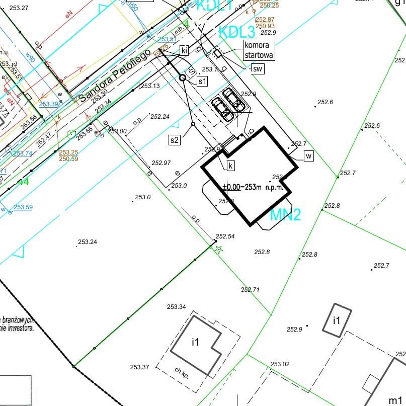 Fragment projektu zagospodarowania terenu: przyłącze kanalizacji sanitarnej, ul. Sándora Petőfiego, Nowa Huta, 2021